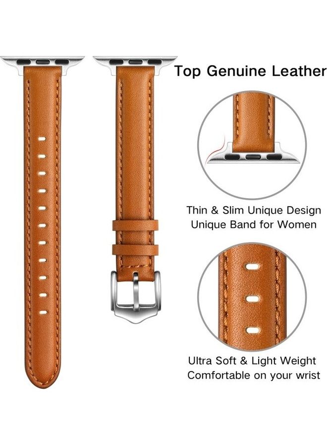 NIBEMINENT Replacement Strap Watchband For Apple Watch Series 7 41mm/6 & SE 5 4 40mm/3 2 1 38mm Brown Silver Buckle - Image 4
