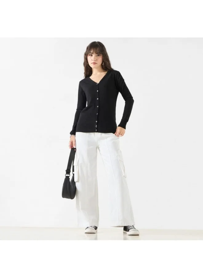 2Xtremz 2Xtremz Solid V-Neck Cardigan with Long Sleeves and Button Closure