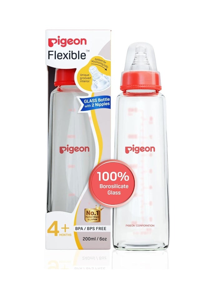 pigeon Flexible Glass Nursing/Feeding Bottle With Added Nipple M, For 4+ Month Babies, Borosilicate Nursing/Feeding Bottle for Babies, BPA Free, BPS Free, Red, 200 ml - Image 1