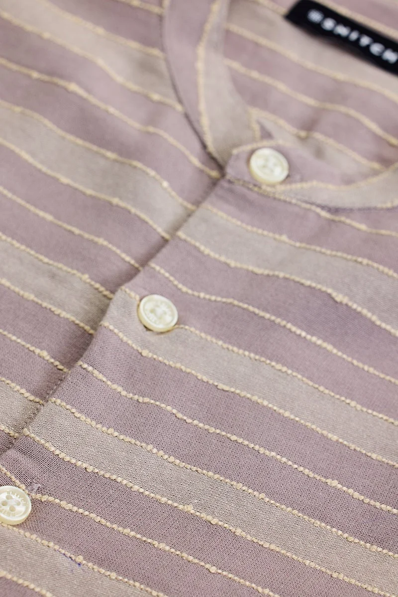 سنيتش Beige Striped Long Sleeve Slim Fit Casual Shirt