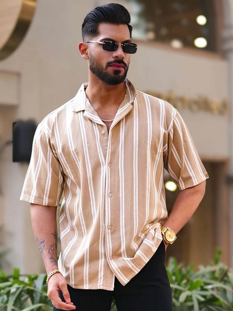 Maniac Maniac Mens Vertical Stripes Half Sleeve Terry Fabric Beige Slim Fit Shirt