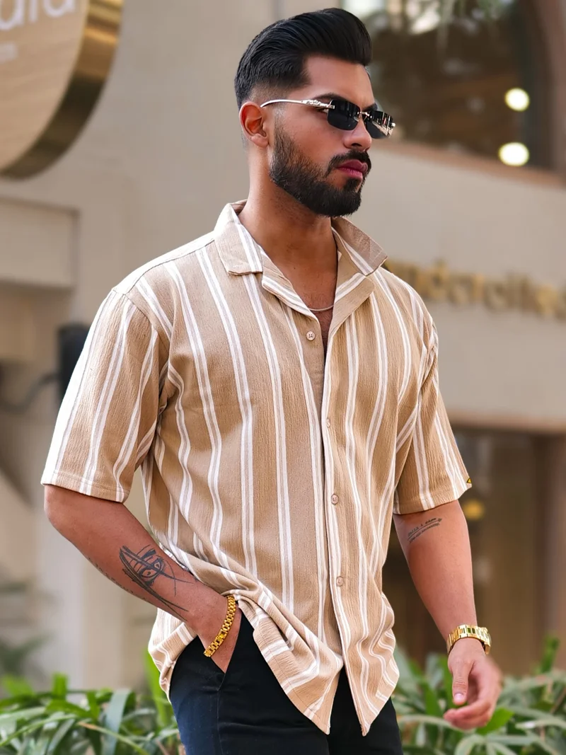 Maniac Maniac Mens Vertical Stripes Half Sleeve Terry Fabric Beige Slim Fit Shirt