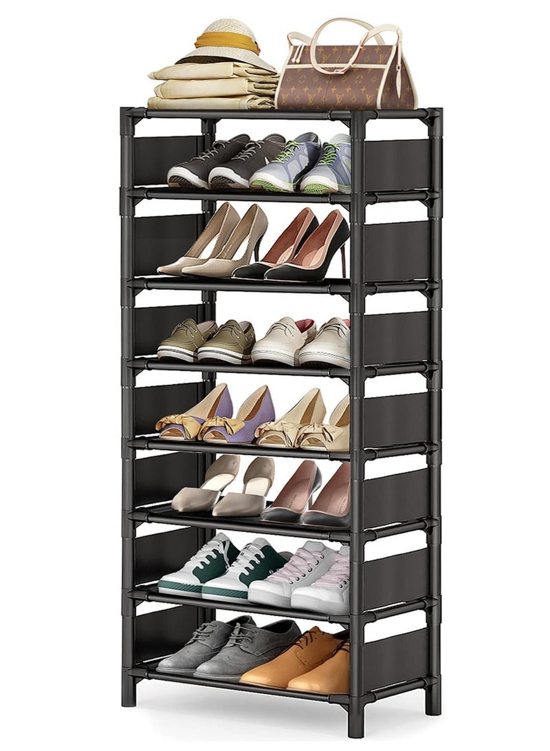والالا حامل أحذية مكون من 8 طبقات، منظم لتخزين الأحذية، رف أحذية قوي موفر للمساحة، رفوف أحذية طويلة، حتى 14-16 زوجًا من حامل الأحذية الضيق لغرفة النوم والحمام والممر وتحت السلالم والأماكن الخارجية، أسود - Image 1