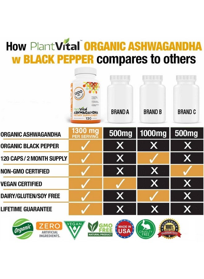 Plantvital Organic Ashwagandha Capsules with Black Pepper 1300mg - 120 Vegan Capsules for Normal Stress Response, Normal Sleep, and Energy - Non-GMO, Gluten-Free, Made in USA - Image 4