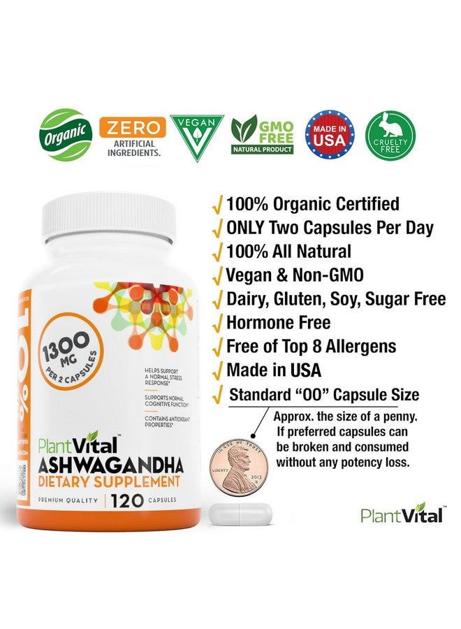 Plantvital Organic Ashwagandha Capsules with Black Pepper 1300mg - 120 Vegan Capsules for Normal Stress Response, Normal Sleep, and Energy - Non-GMO, Gluten-Free, Made in USA - Image 3
