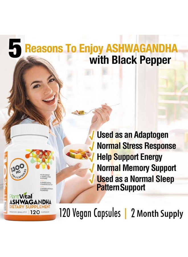 Plantvital Organic Ashwagandha Capsules with Black Pepper 1300mg - 120 Vegan Capsules for Normal Stress Response, Normal Sleep, and Energy - Non-GMO, Gluten-Free, Made in USA - Image 2