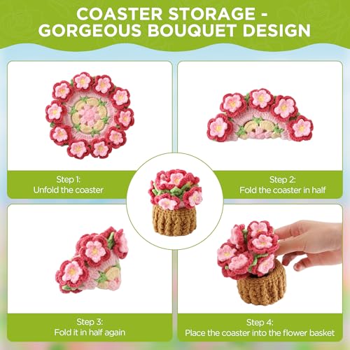 Vane Oak Flower Crochet Coasters, Handmade Bouquet Blanket Coaster with Crochet Plant Pot Fun Soft Decorative Drink Coasters for Coffee Tabletop Protection and Home Decor (Peach Pink, 1Pc) - Image 3