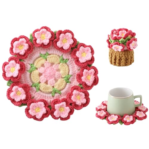 Vane Oak Flower Crochet Coasters, Handmade Bouquet Blanket Coaster with Crochet Plant Pot Fun Soft Decorative Drink Coasters for Coffee Tabletop Protection and Home Decor (Peach Pink, 1Pc) - Image 1