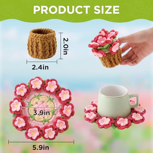 Vane Oak Flower Crochet Coasters, Handmade Bouquet Blanket Coaster with Crochet Plant Pot Fun Soft Decorative Drink Coasters for Coffee Tabletop Protection and Home Decor (Peach Pink, 1Pc) - Image 2