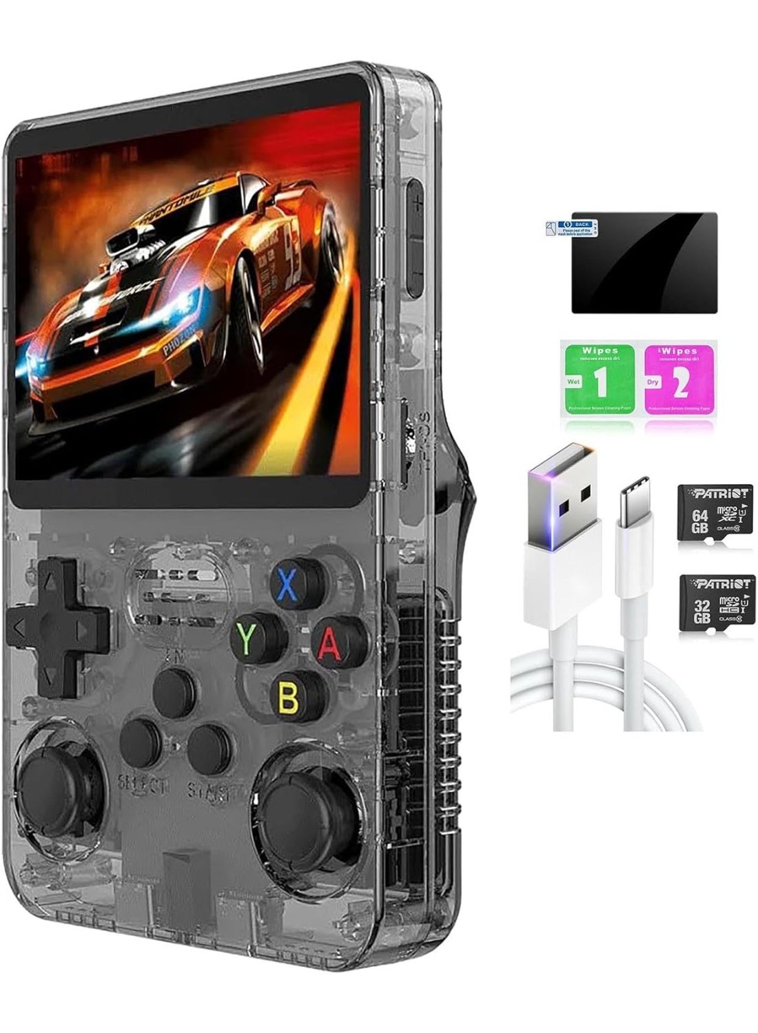 R36S Handheld Game Console 3.5 Inch IPS Screen, Preinstalled Emulator System, Transparent Black Portable Gaming Device with Dual Storage 16GB + 64GB for Retro Gaming