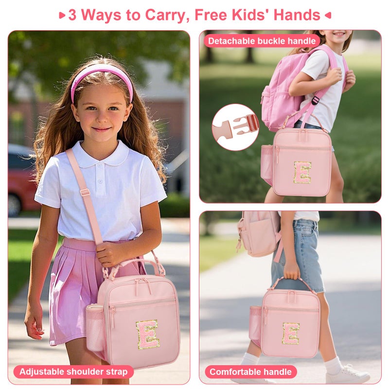 Cloudwings Initial Insulated Lunch Bag For Girls Kids  Back To School Gift  Reusable Leak-Proof Lunch Box With Adjustable Strap For School Daycare Travel Picnic (Pink E) - Image 4