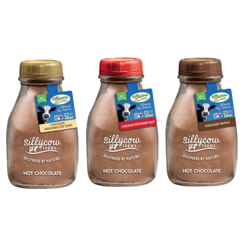Sillycow Farms Hot Chocolate Variety Pack | Marshmallow Swirl, Chocolate Truffle, Peppermint Twist | Rich Hot Cocoa | Gluten-Free, Non-GMO, Dairy-Free | 16.9 Oz Reusable Glass Bottle - Pack of 3 - Image 1