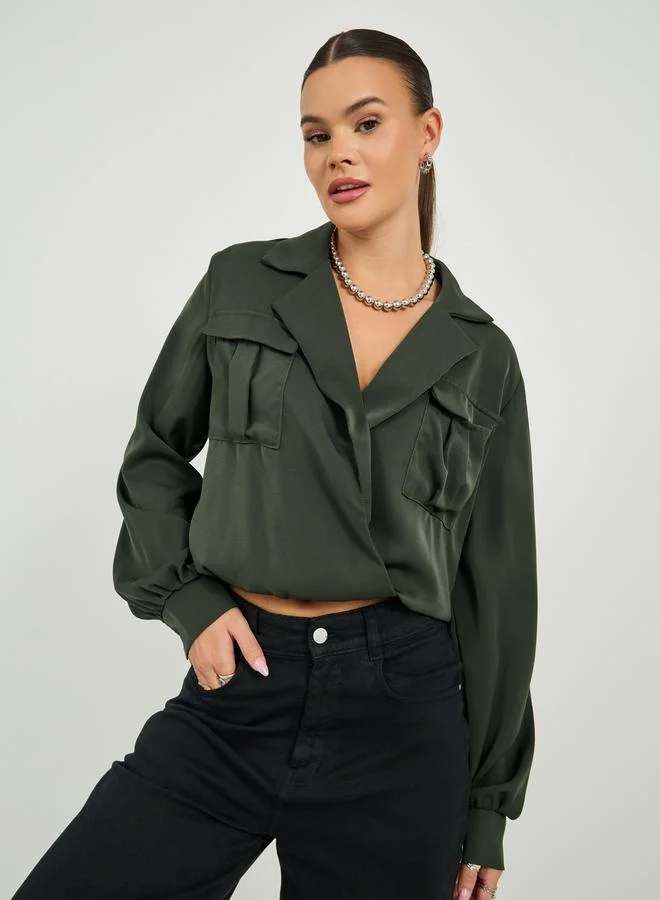 Styli Wrap Notch Collar Blouse with Pocket Detail