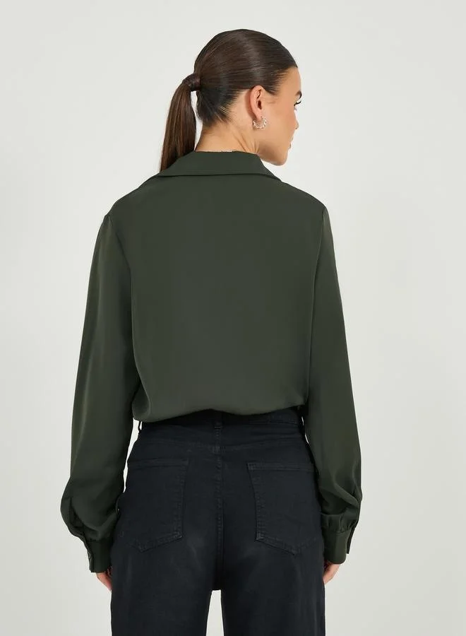 Styli Wrap Notch Collar Blouse with Pocket Detail