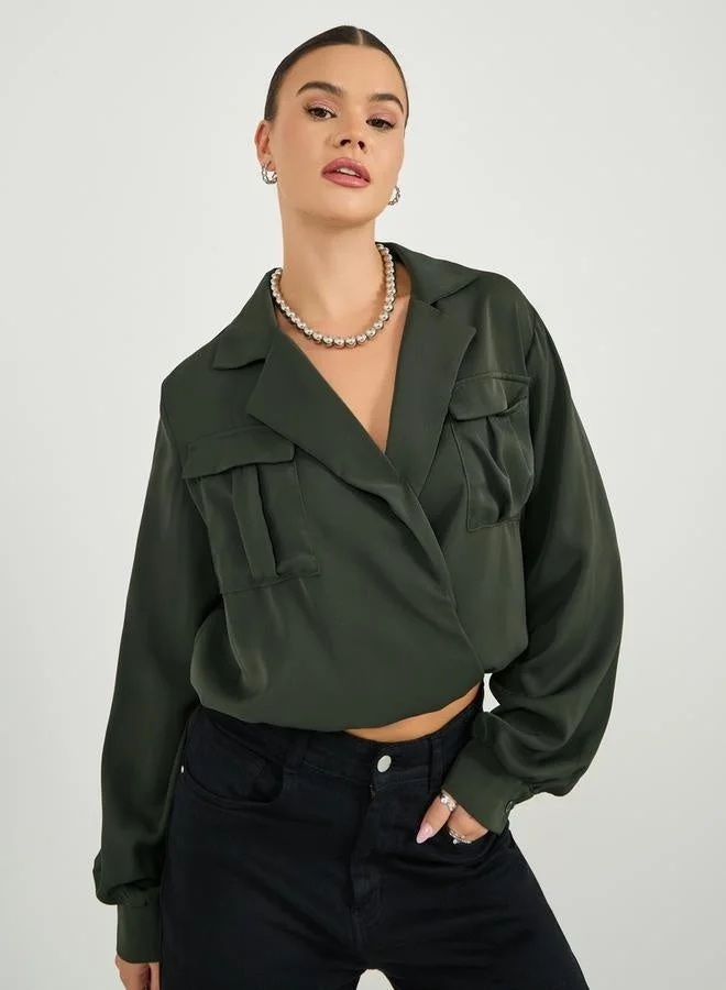Styli Wrap Notch Collar Blouse with Pocket Detail
