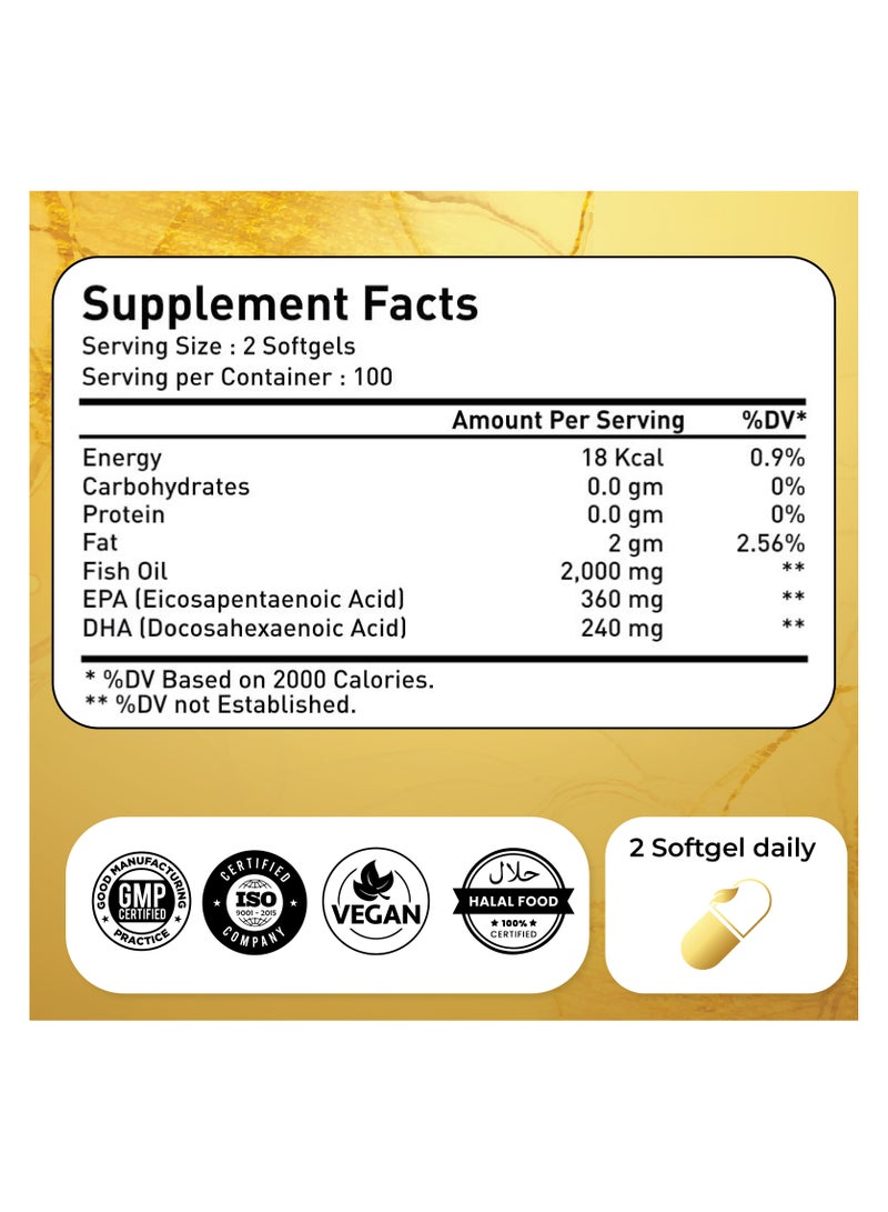 Natrolina Omega-3 Fish Oil 2000 mg 360 EPA 240 DHA Double Strength, Cardiovascular Support - 200 Softgels - Image 2