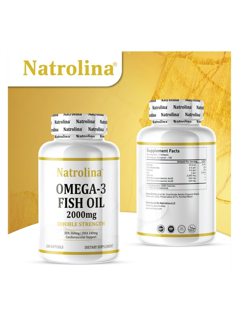 Natrolina Omega-3 Fish Oil 2000 mg 360 EPA 240 DHA Double Strength, Cardiovascular Support - 200 Softgels - Image 3
