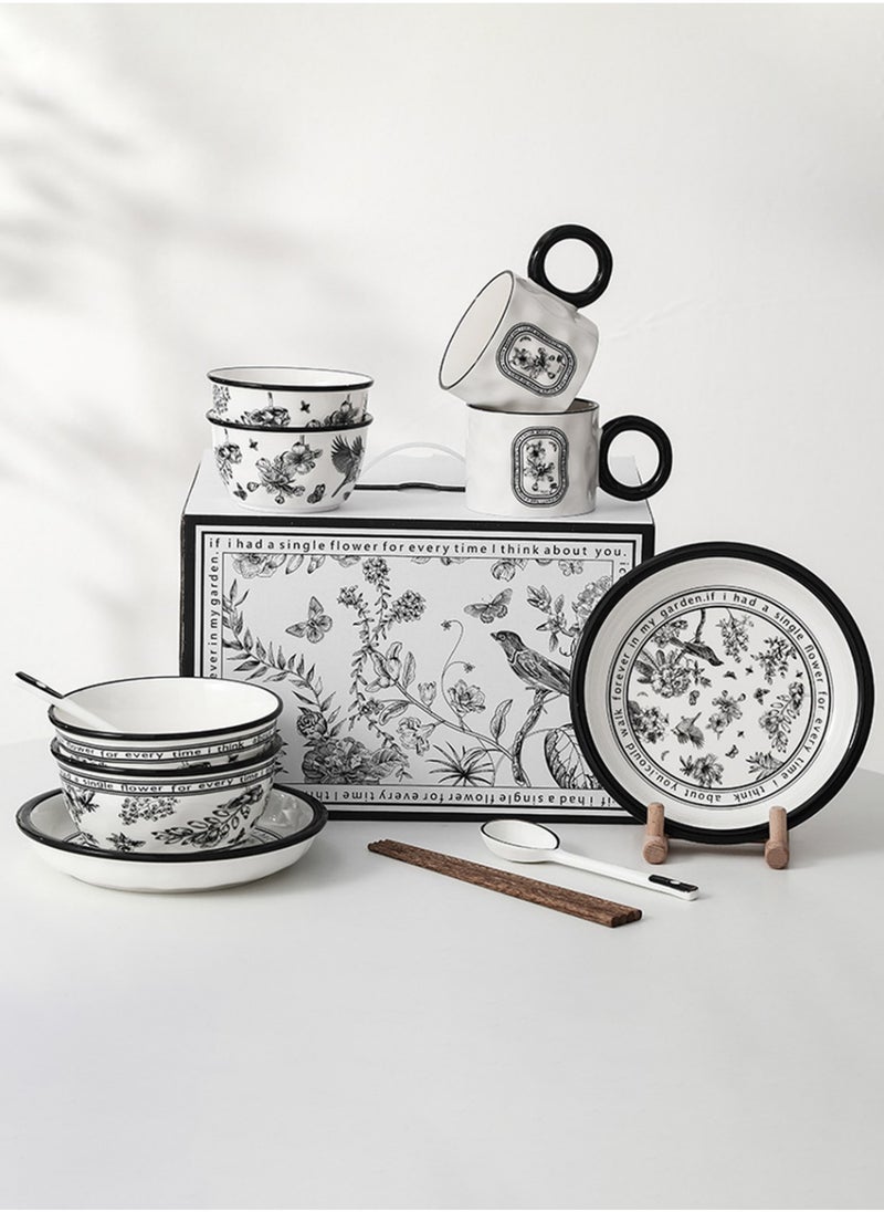 Ceramic Cutlery Gift Set, Set Of Two Bowls (4.6 "), Two Soup Bowls (6 "), Two Cups (300Ml), Two Plates (8 "), Two Pairs Of Chopsticks And Two Spoons, Suitable For Two People - Image 1
