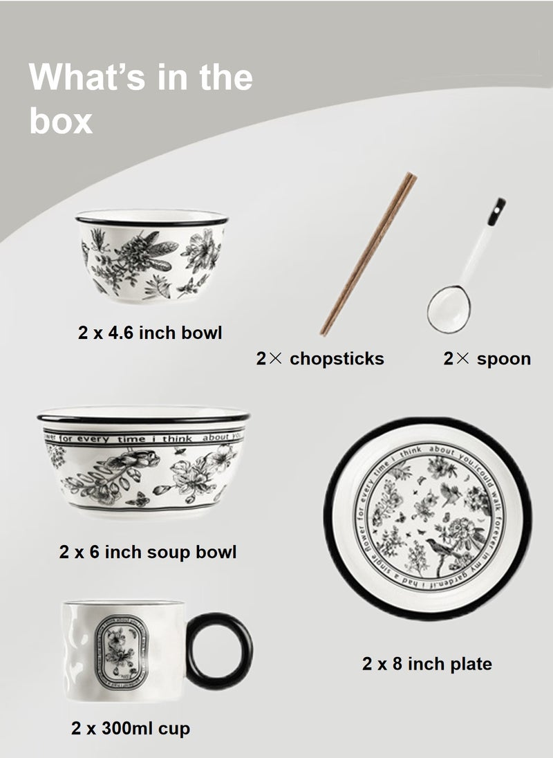Ceramic Cutlery Gift Set, Set Of Two Bowls (4.6 "), Two Soup Bowls (6 "), Two Cups (300Ml), Two Plates (8 "), Two Pairs Of Chopsticks And Two Spoons, Suitable For Two People - Image 2