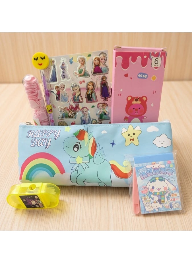 Pencil case + school supplies (6 gel pens + cartoon sticker + emoji mechanical pen + soap bottle strips + sticker note + pencil sharpener*eraser)
