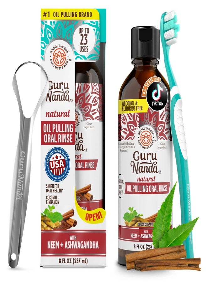 GuruNanda Cinnamon Oil Pulling Mouthwash, Promotes Calmness, with Neem & Ashwagandha for Fresh Breath & Happy Gums, Alcohol-Free, with Toothbrush & Tongue Scraper, 8 Oz - Image 1
