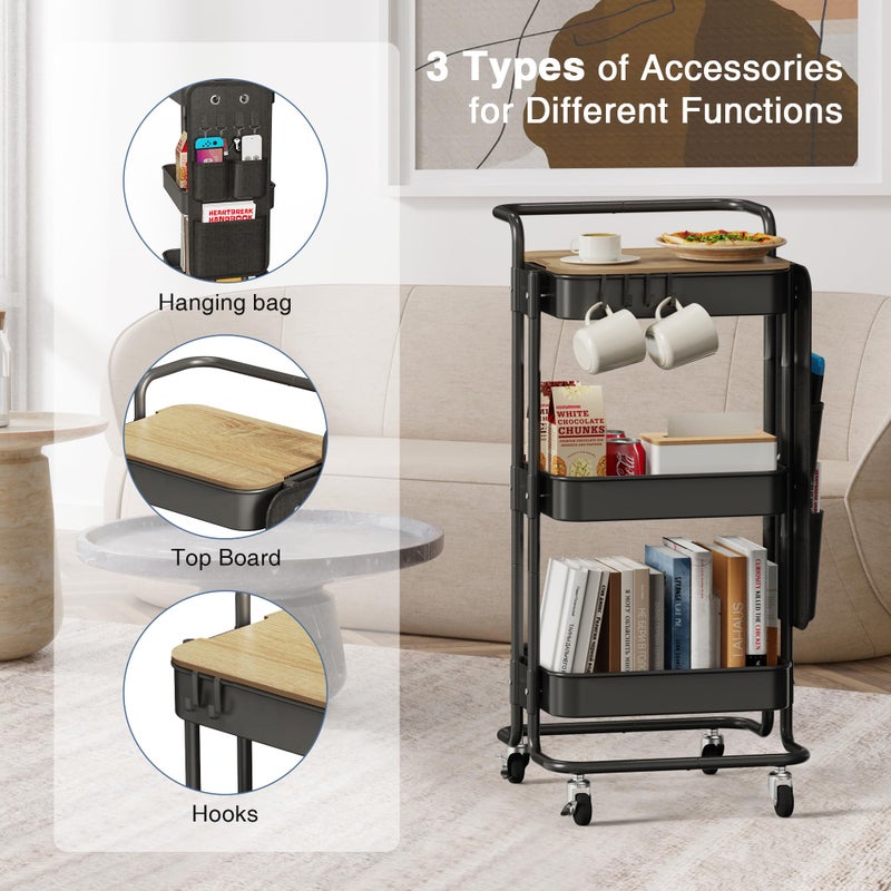 DTK 3 Tier Metal Utility Rolling Cart with Table Top and Side Bags, Tray Storage Organizer Wheels, Art Craft 4 Hooks for Kitchen Bathroom Office Living Room (Black) - Image 5
