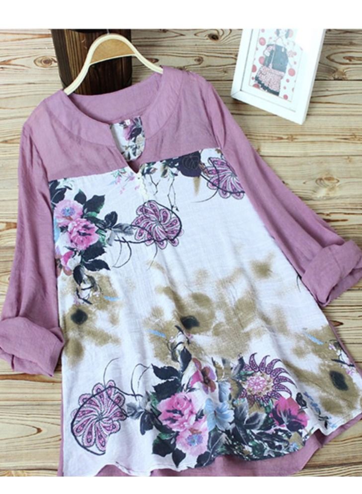 Loquat Women's Fashion Cottonfabric Print Stitching Long Sleeve Blouse 