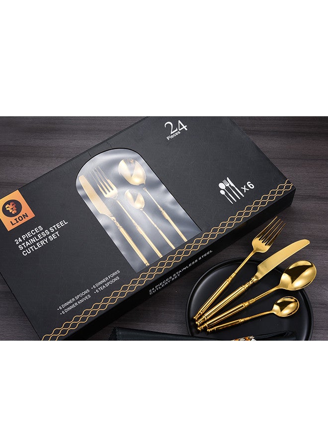 Lion 24-Piece Stainless Steel Cutlery Set Gold, Service for 6  - Image 1