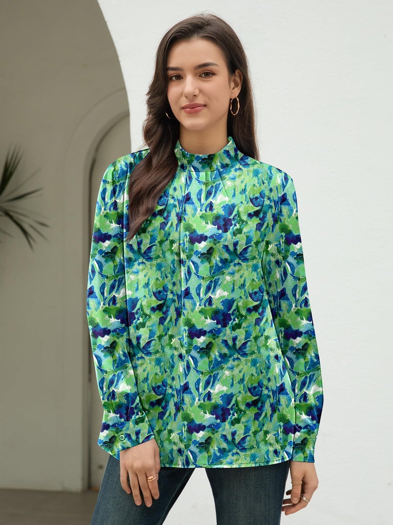 Funlingo Long Sleeve Tops for Women Fashion Must Haves 2026 Spring Dressy Casual Blouses Mock Neck Pleated Tunic Shirts Office Work Clothes Blue Green Tie Dye M - Image 2