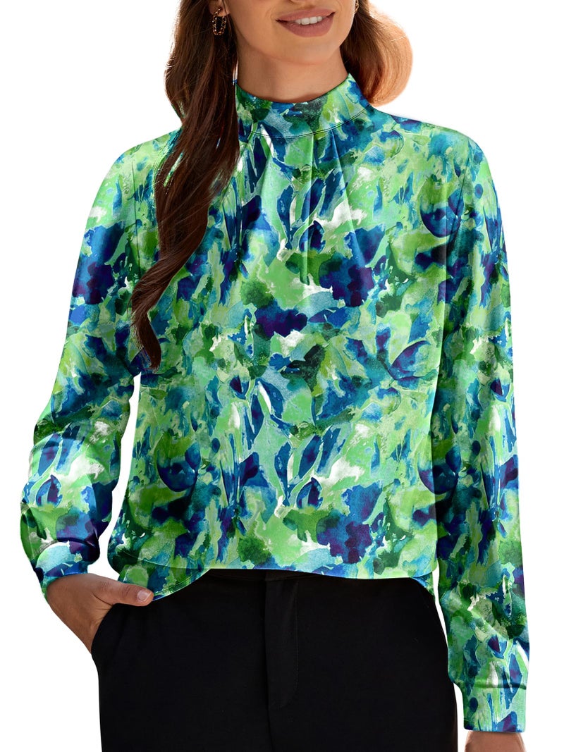 Funlingo Long Sleeve Tops for Women Fashion Must Haves 2026 Spring Dressy Casual Blouses Mock Neck Pleated Tunic Shirts Office Work Clothes Blue Green Tie Dye M - Image 1