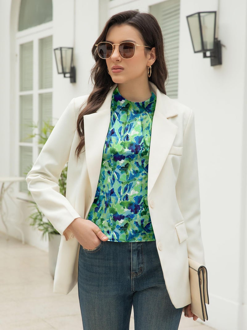 Funlingo Long Sleeve Tops for Women Fashion Must Haves 2026 Spring Dressy Casual Blouses Mock Neck Pleated Tunic Shirts Office Work Clothes Blue Green Tie Dye M - Image 3