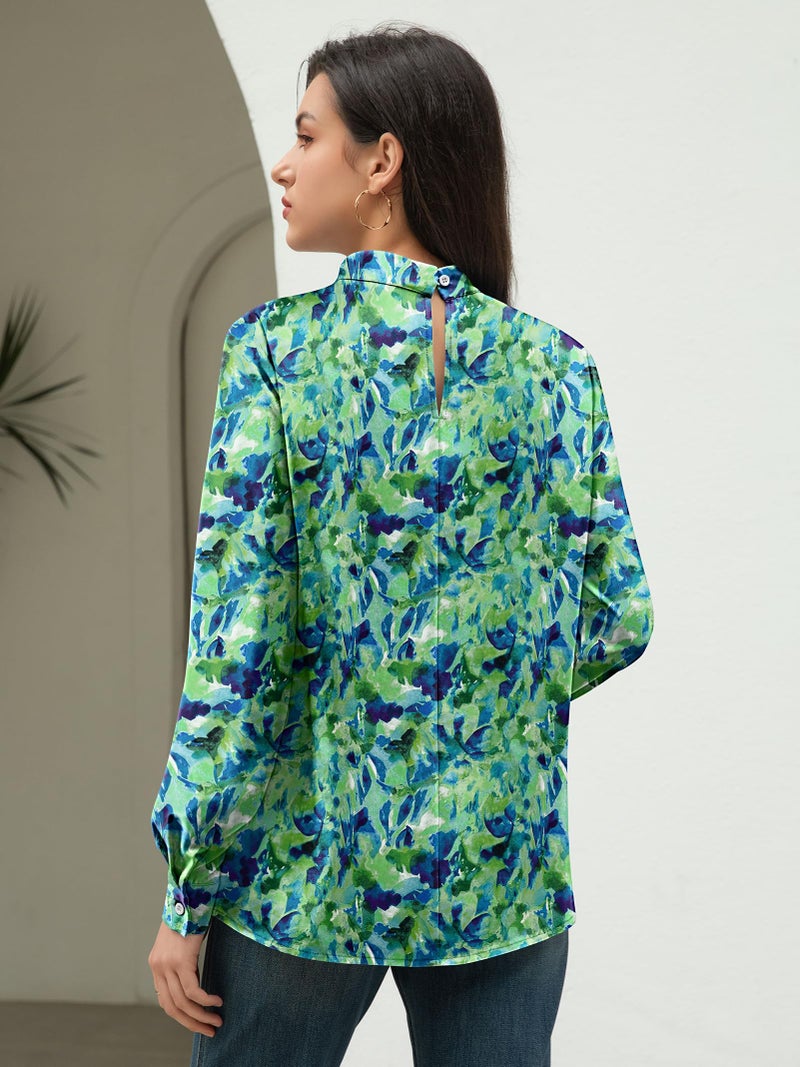 Funlingo Long Sleeve Tops for Women Fashion Must Haves 2026 Spring Dressy Casual Blouses Mock Neck Pleated Tunic Shirts Office Work Clothes Blue Green Tie Dye M - Image 5