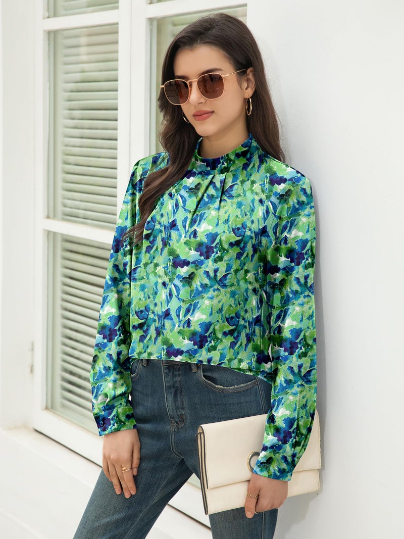 Funlingo Long Sleeve Tops for Women Fashion Must Haves 2026 Spring Dressy Casual Blouses Mock Neck Pleated Tunic Shirts Office Work Clothes Blue Green Tie Dye M - Image 4