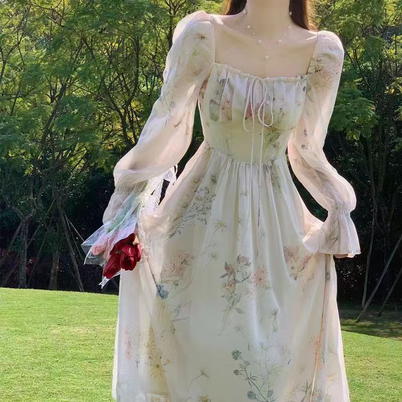 Spring and summer floral skirt 2024 new square collar gentle style temperament fairy flower print dress long sleeve skirt Color #8081