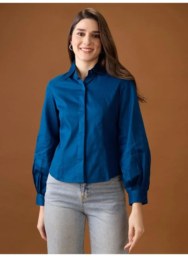 globus Globus Women Navy Blue Collared Neck Pleated Cuffed Sleeves Solid Curved Hem Workwear Shirt