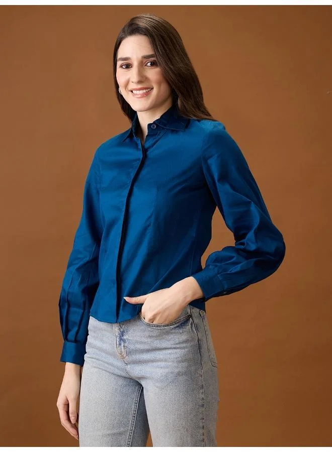 globus Globus Women's Shirt Navy Blue Formal with Spread Collar and Pleated Detail