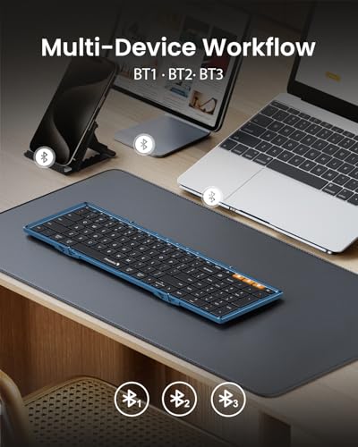 ProtoArc Foldable Bluetooth Keyboard, XK01 Folding Wireless Portable Keyboard with Number Pad, Full-Size Travel Keyboards for Windows iOS Android Tablet Smartphone Laptop PC - Dark Blue - Image 3