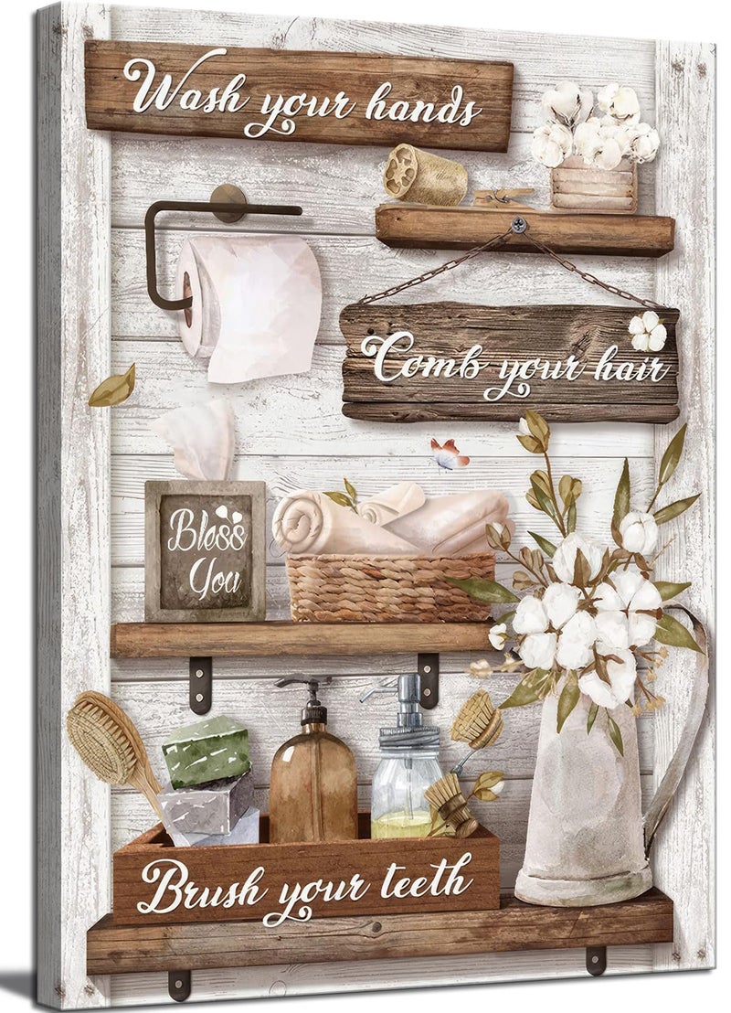 AKOTAC Funny Bathroom Canvas Wall Art.Retro Cotton floral Painting Picture Wall Decor. Modern Rustic Farmhouse Bathroom Poster Print Artwork for Bathroom Restroom Home Decoration - Image 1