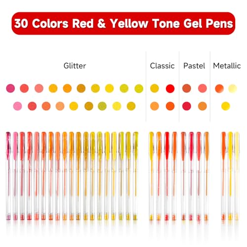 Shuttle Art 60 Pack Red Yellow Tone Gel Pens 30 Red Orange Yellow Gel Pens with 30 Refills for Adults Coloring Books Journaling Drawing Nature Landscapes Animals Scenes - Image 3