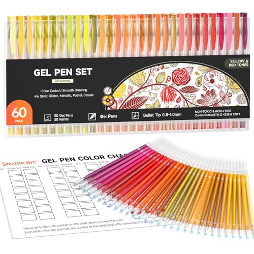 Shuttle Art 60 Pack Red Yellow Tone Gel Pens 30 Red Orange Yellow Gel Pens with 30 Refills for Adults Coloring Books Journaling Drawing Nature Landscapes Animals Scenes - Image 1