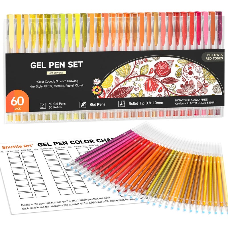 Shuttle Art 60 Pack Red Yellow Tone Gel Pens 30 Red Orange Yellow Gel Pens with 30 Refills for Adults Coloring Books Journaling Drawing Nature Landscapes Animals Scenes - Image 2