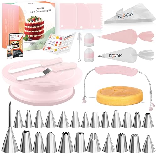 RFAQK 90PCs Cake Decorating Kit with Leveler, Baking Supplies Gift Includes Cake Stand Turntable, 24 Numbered Icing Tips, 55+1 Piping Bags, 2 Frosting Spatulas, 3 Scrappers, Video Course & Booklet - Image 1