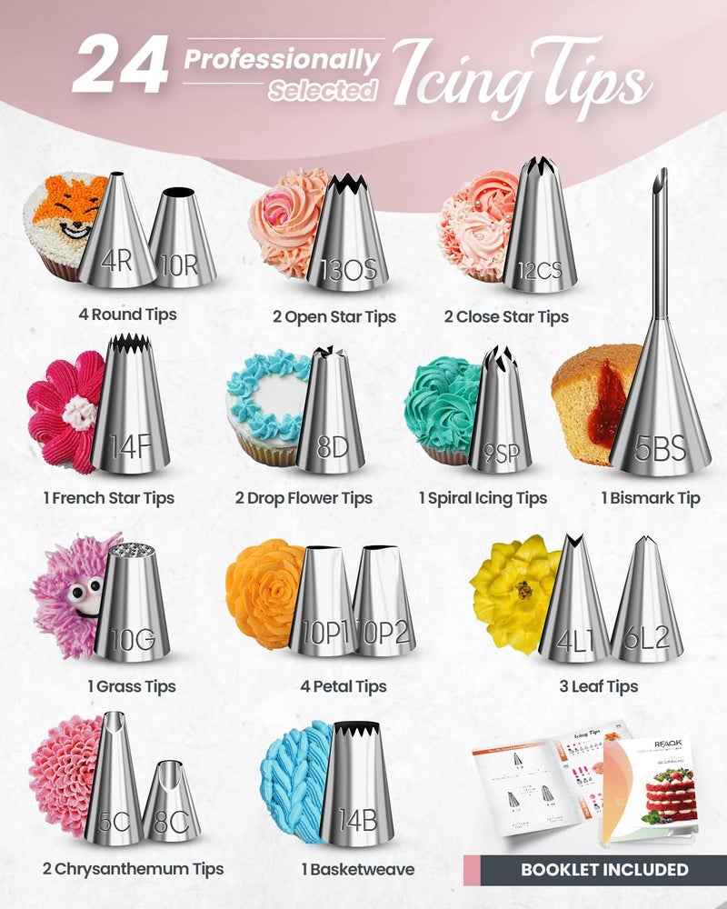 RFAQK 90PCs Cake Decorating Kit with Leveler, Baking Supplies Gift Includes Cake Stand Turntable, 24 Numbered Icing Tips, 55+1 Piping Bags, 2 Frosting Spatulas, 3 Scrappers, Video Course & Booklet - Image 4