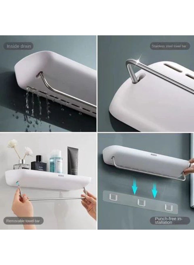 ناما رف حمام مثبت على الحائط عملي وأنيق مع حامل مناشف مدمج. الرف مصنوع من البلاستيك المتين ويوفر مساحة مناسبة لتخزين أدوات النظافة مثل زجاجات الشامبو، غسول الوجه، ومرطبات البشرة. أسفل الرف، يوجد قضيب معدني قوي مثالي لتعليق منشفة يد أو منشفة وجه، مما يجعلها في متناول اليد. - Image 4