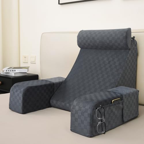 Vekkia وسادة قراءة فيكيا للجلوس في السرير وسادة دعم الظهر للجلوس وسادة دعم الظهر مع مسند ذراع وسادة كرسي السرير مع جيوب كبيرة للألعاب ومشاهدة التلفاز على الأرض 19 بوصة رمادي أنيق