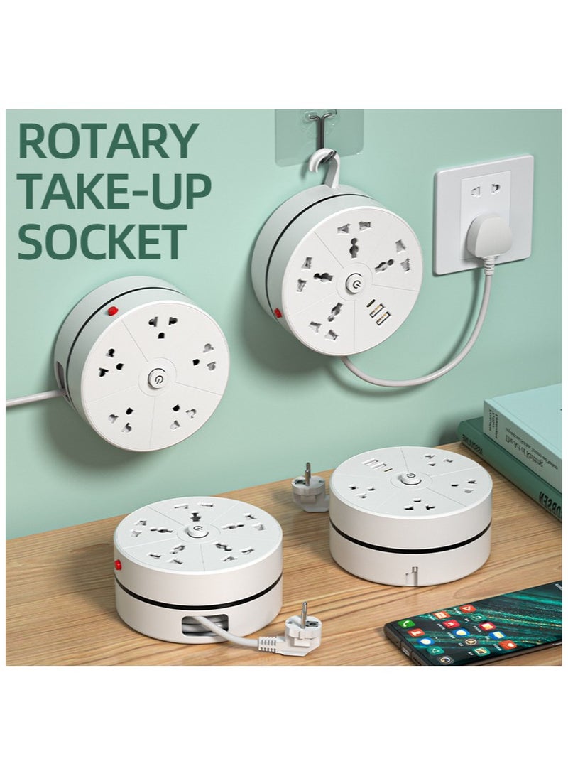 Multifunctional Power Strips. 2 Meter Rotary Take-Up Socket with 4 AC Ports, 2 USB, 1 Type-C | Overload Protection & Child Safety Shield | Retractable Power Strip with Night Light（UK regulations） - Image 1