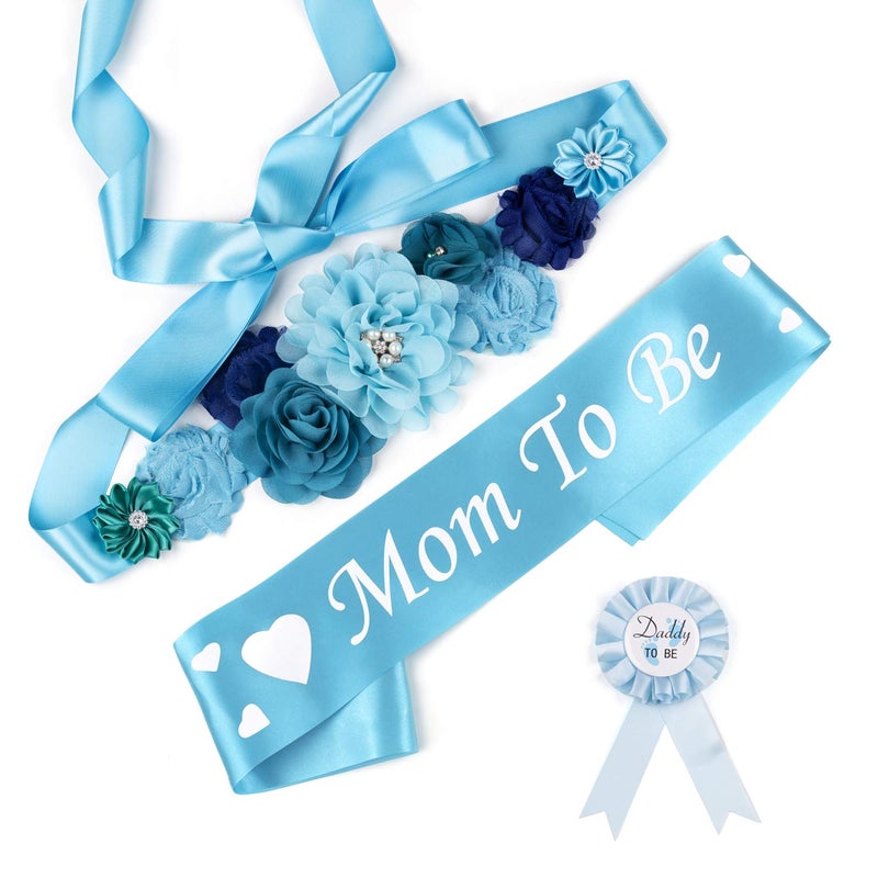 Baby Shower Maternity Sash Belly Belt Mom to Be Dad to Be Button Pin Pregnancy Maternity Flower Sash Belt for Gender Reveal Blue Baby Boy