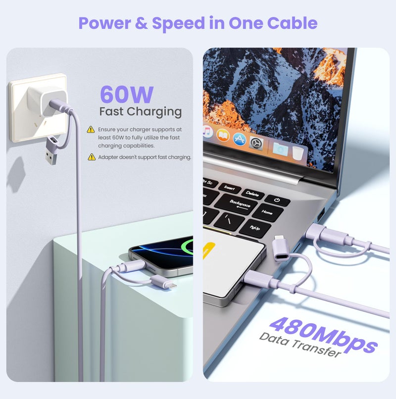 Elebase 4 in 1 Charging Cable for iphone 17,Multi Charger Cable 6.6FT,60W Fast Charging USB C Cable with USB A/Lightning Adapter for New Apple 17e 16 15 14 Pro Max,Samsung S26 Ultra,Airpods 3,iPad Air - Image 4