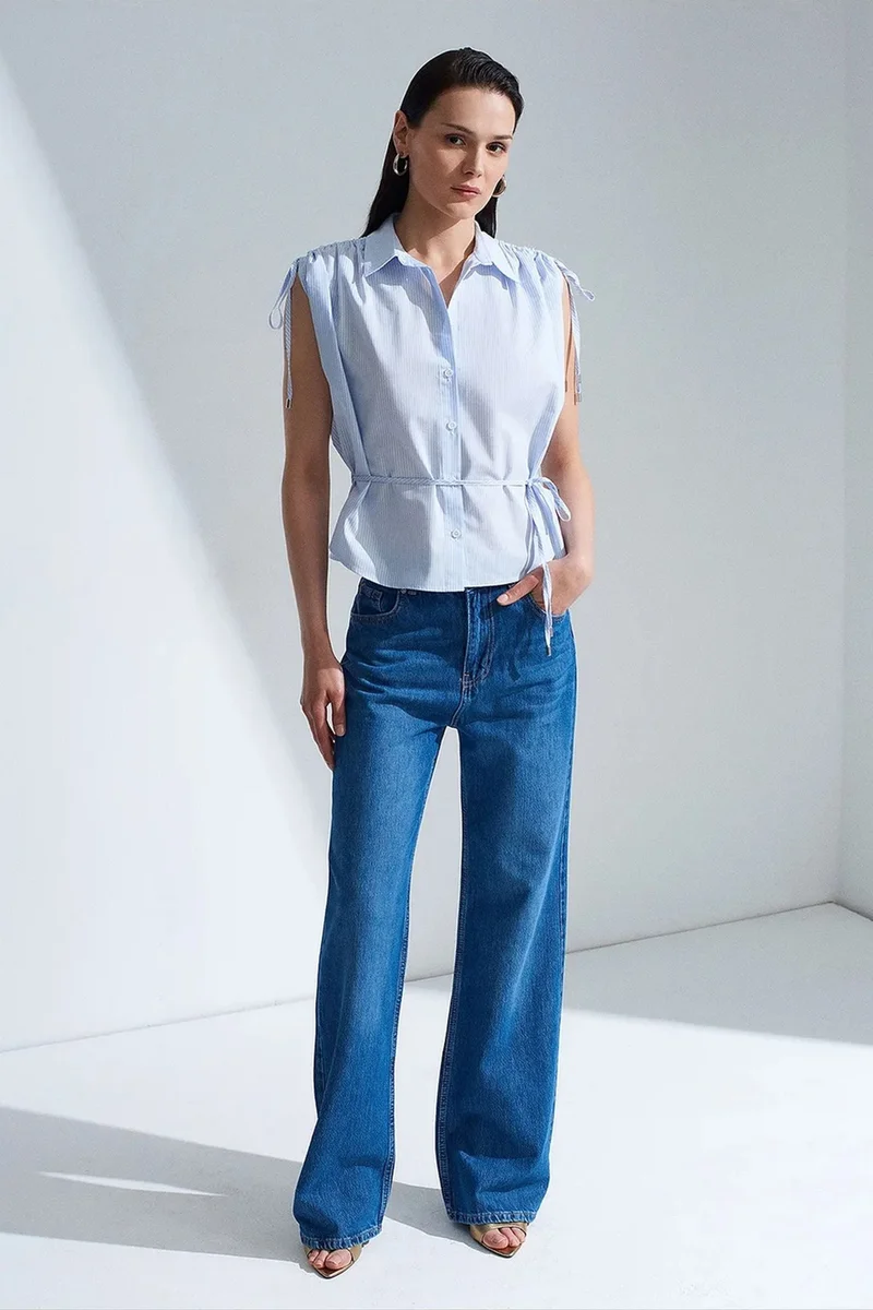 Dilvin Baby Blue DILVIN Striped Cotton Poplin Sleeveless Shirt for Women | Best Price UAE