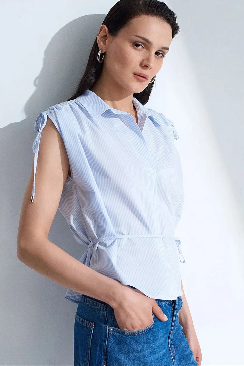Dilvin Baby Blue DILVIN Striped Cotton Poplin Sleeveless Shirt for Women | Best Price UAE